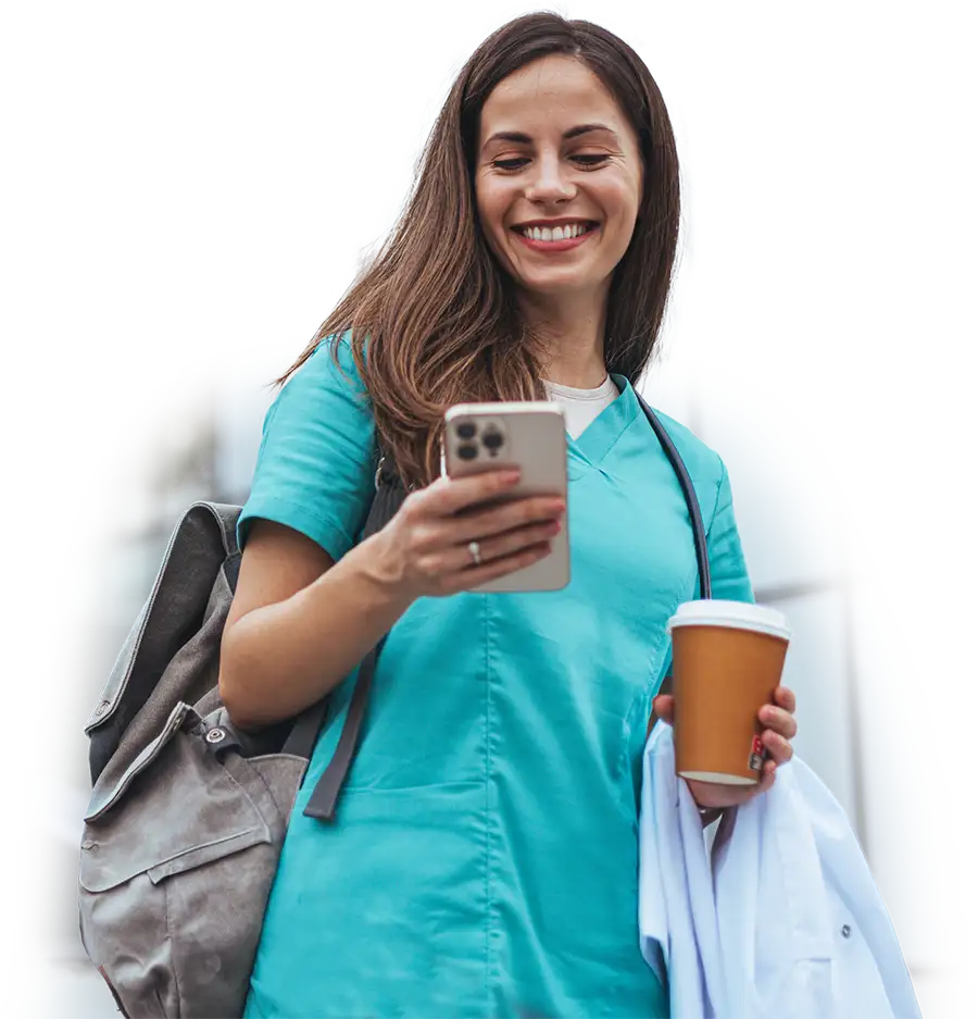 Nurse with a backpack, coffee and a phone